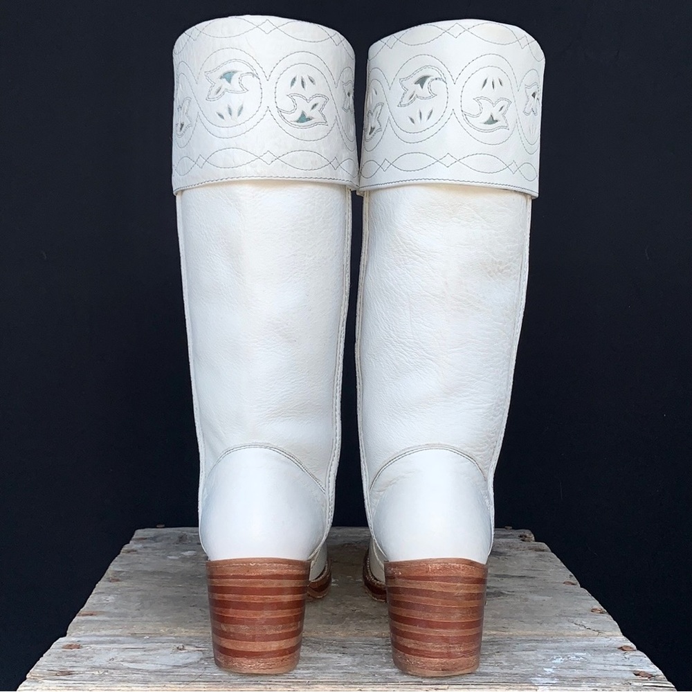 SOLD FRYE Vintage White Sabrina Campus Tooled Cuff Tall Knee High Western Boots - Picture 7 of 12